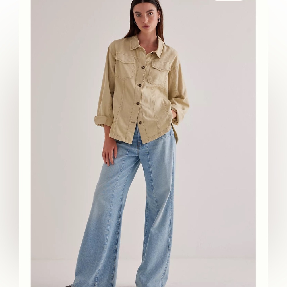 Anthropologie Pilcro Summer Beige Button Down Shirt Shacket With Pockets